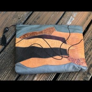 Valerie Brown Black Gray Leather Snakeskin Purse Clutch Patch Vintage 70s 80s